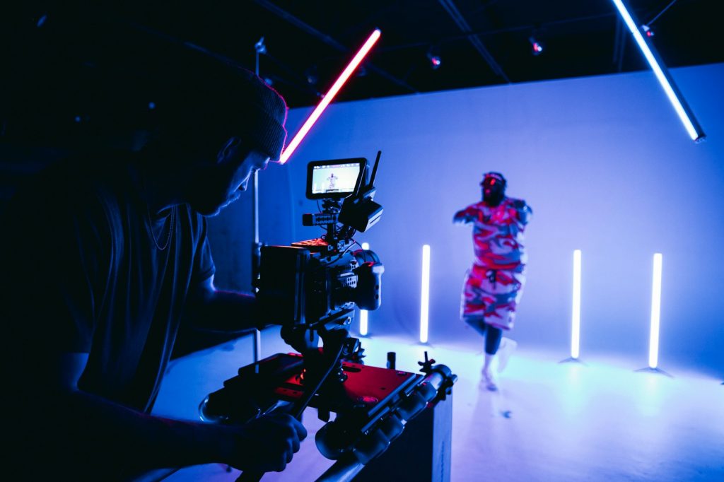 Brand shoot in progress with a camera rig and studio lighting