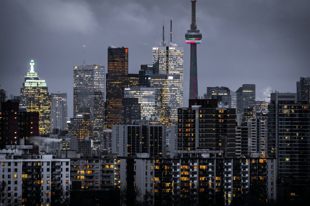 Toronto skyline at night with the CN Tower